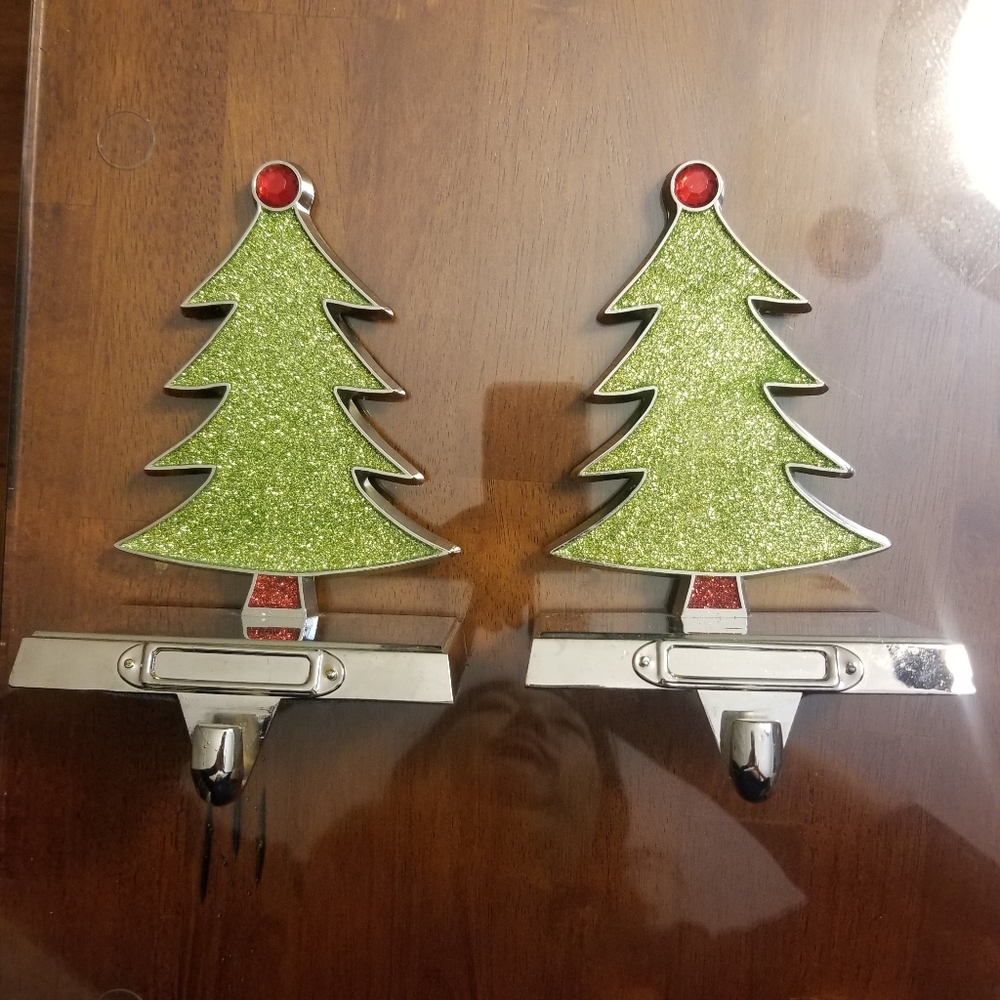Set Of Two Pottery Barn Christmas Stocking Holders.  Cute Green Glittery